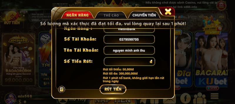 Rút tiền 2 rút thưởng Xocdia88 qua ngân hàng